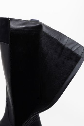 Bağcıklı Baldırı Geniş Siyah Hakiki Deri Kadın Uzun Çizme 41-42 Numara Siyah resmi