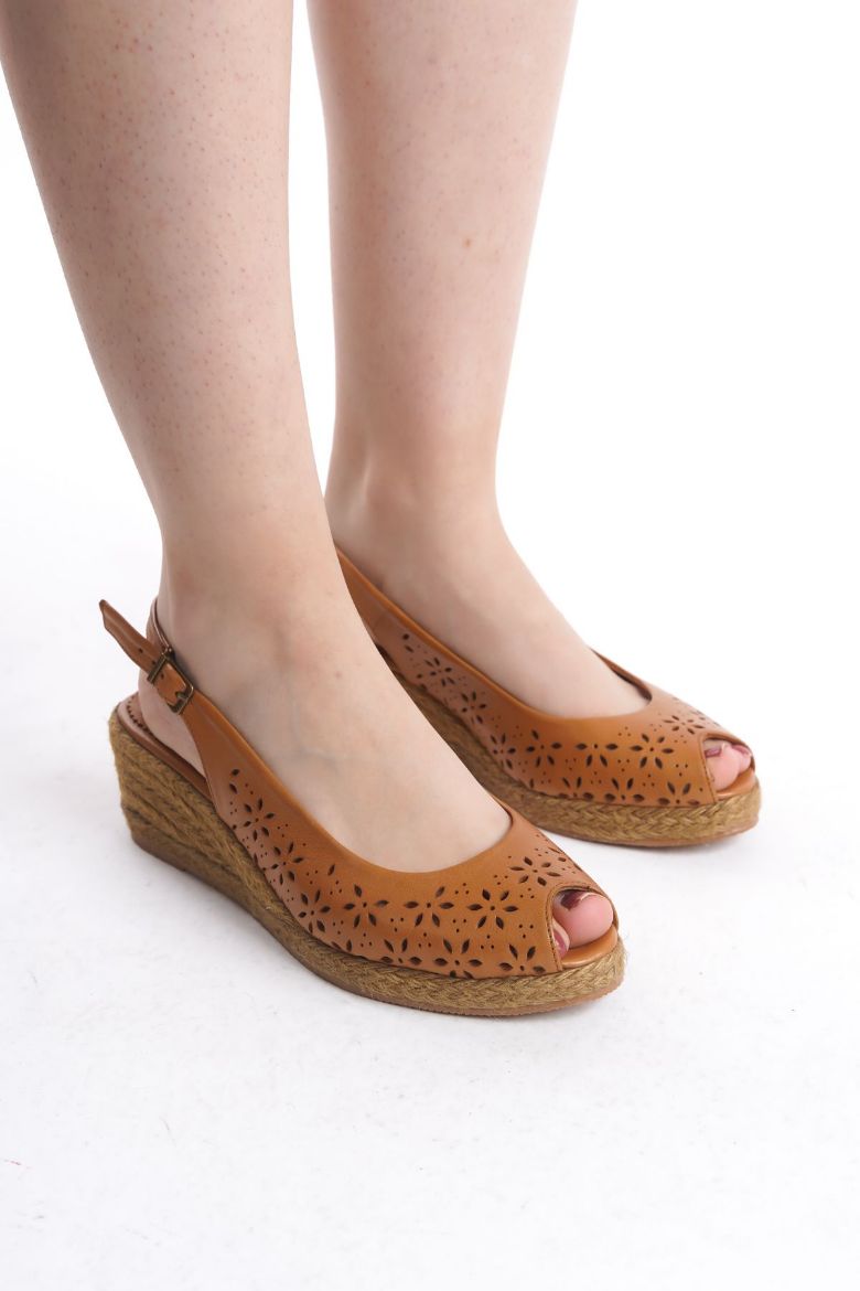 Hakiki Deri 33-34-35 den 41-42-43-44 Numaraya Dolgu Topuk Espadril Taba resmi