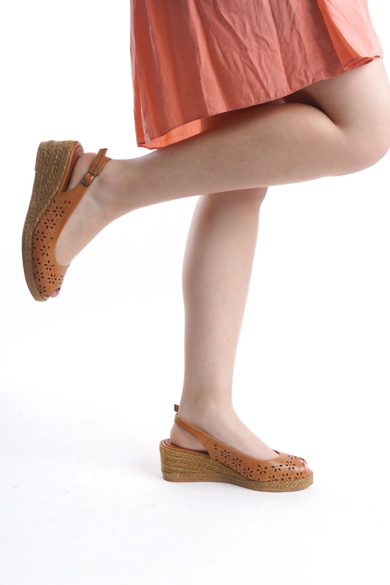 Hakiki Deri 33-34-35 den 41-42-43-44 Numaraya Dolgu Topuk Espadril Taba resmi