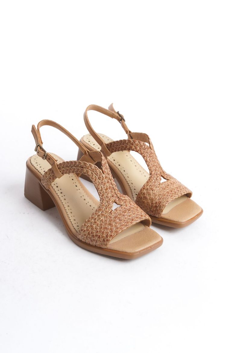 Hakiki Deri 34-35-41-42 Numara Topuklu Örgü Sandalet Cappuccino resmi