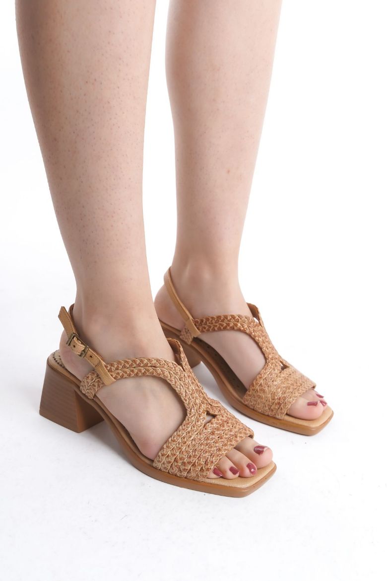 Hakiki Deri 34-35-41-42 Numara Topuklu Örgü Sandalet Cappuccino resmi