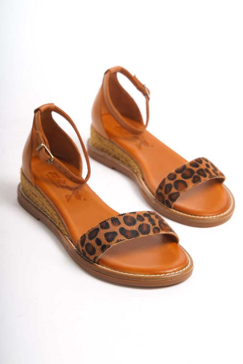 Hakiki Deri Topuklu Sandalet 35-41-42-43-44 Numara taba leopar resmi