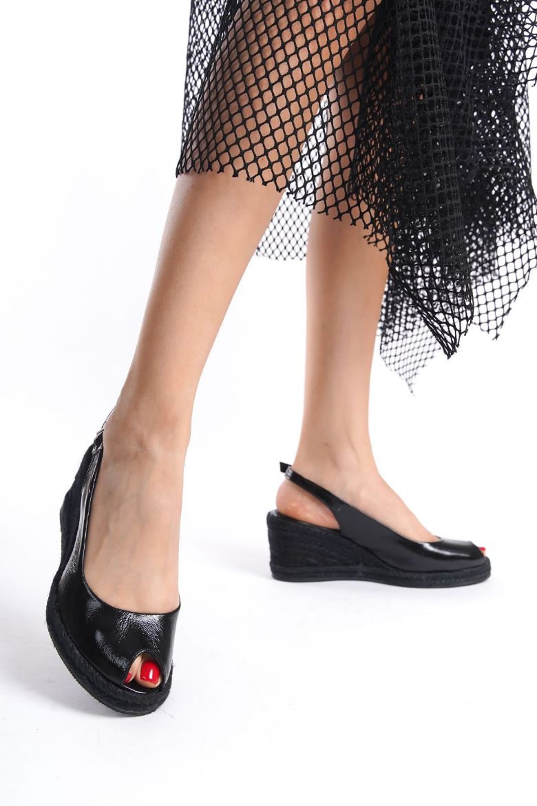 Hakiki  Deri Espadril Kadın Sandalet 33-34-35-41-42-43-44-45 Numara siyah rugan resmi
