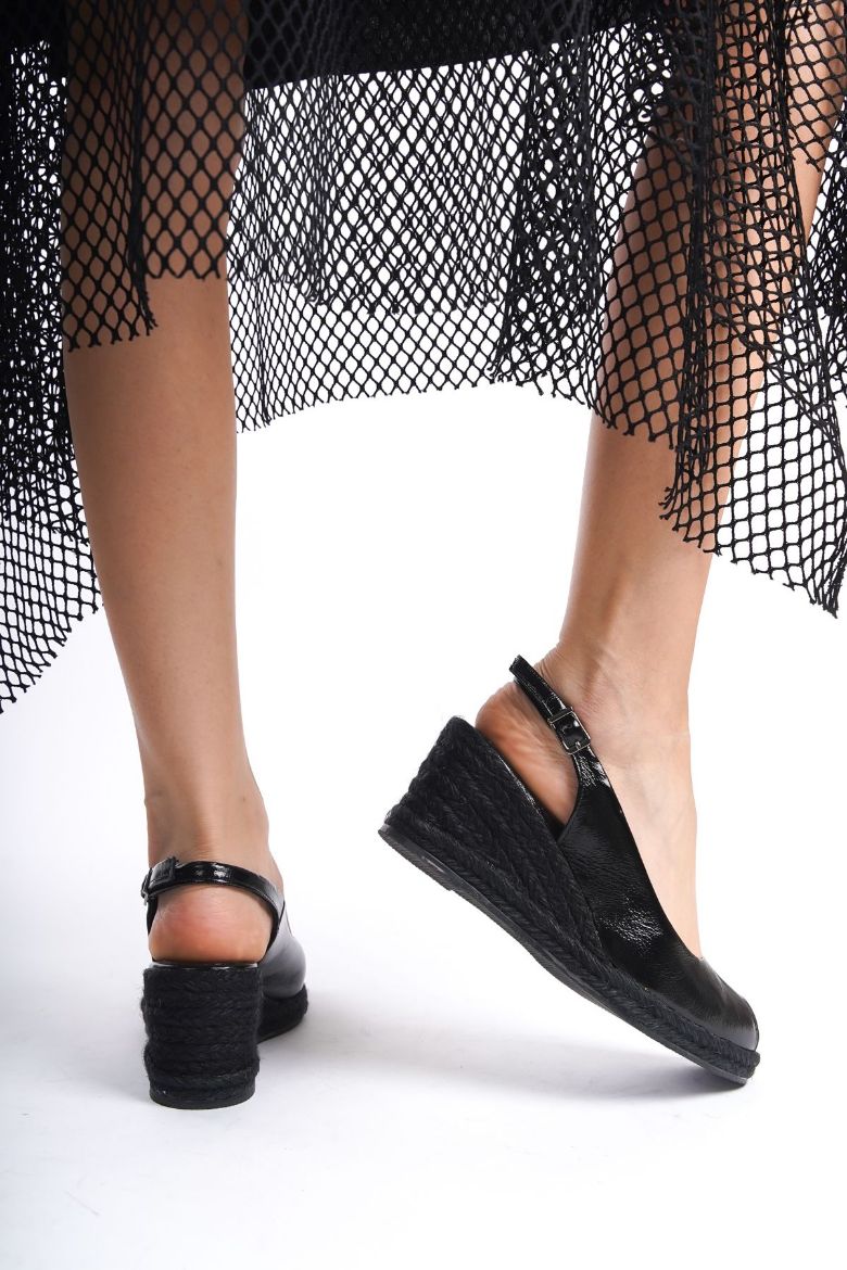 Hakiki  Deri Espadril Kadın Sandalet 33-34-35-41-42-43-44-45 Numara siyah rugan resmi