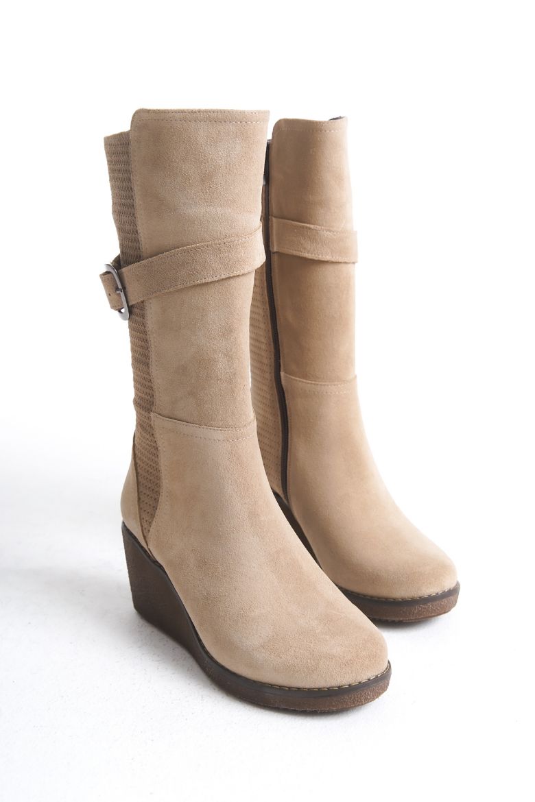 Hakiki Deri Geniş Baldır Kadın Uzun Bot 35-41-42-43-44 Numara Bej resmi