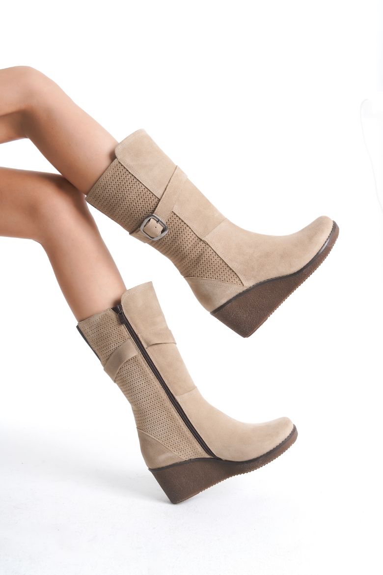 Hakiki Deri Geniş Baldır Kadın Uzun Bot 35-41-42-43-44 Numara Bej resmi