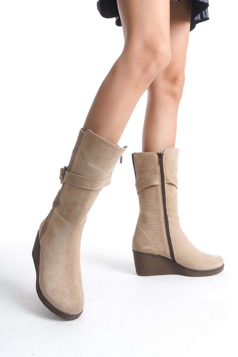 Hakiki Deri Geniş Baldır Kadın Uzun Bot 35-41-42-43-44 Numara Bej resmi