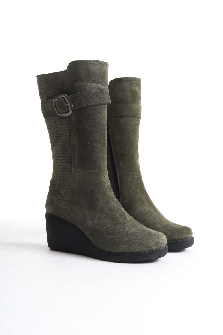 Hakiki Deri Geniş Baldır Kadın Uzun Bot 35-41-42-43-44 Numara Yeşil resmi