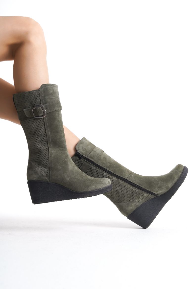 Hakiki Deri Geniş Baldır Kadın Uzun Bot 35-41-42-43-44 Numara Yeşil resmi