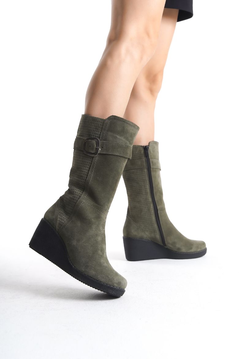 Hakiki Deri Geniş Baldır Kadın Uzun Bot 35-41-42-43-44 Numara Yeşil resmi