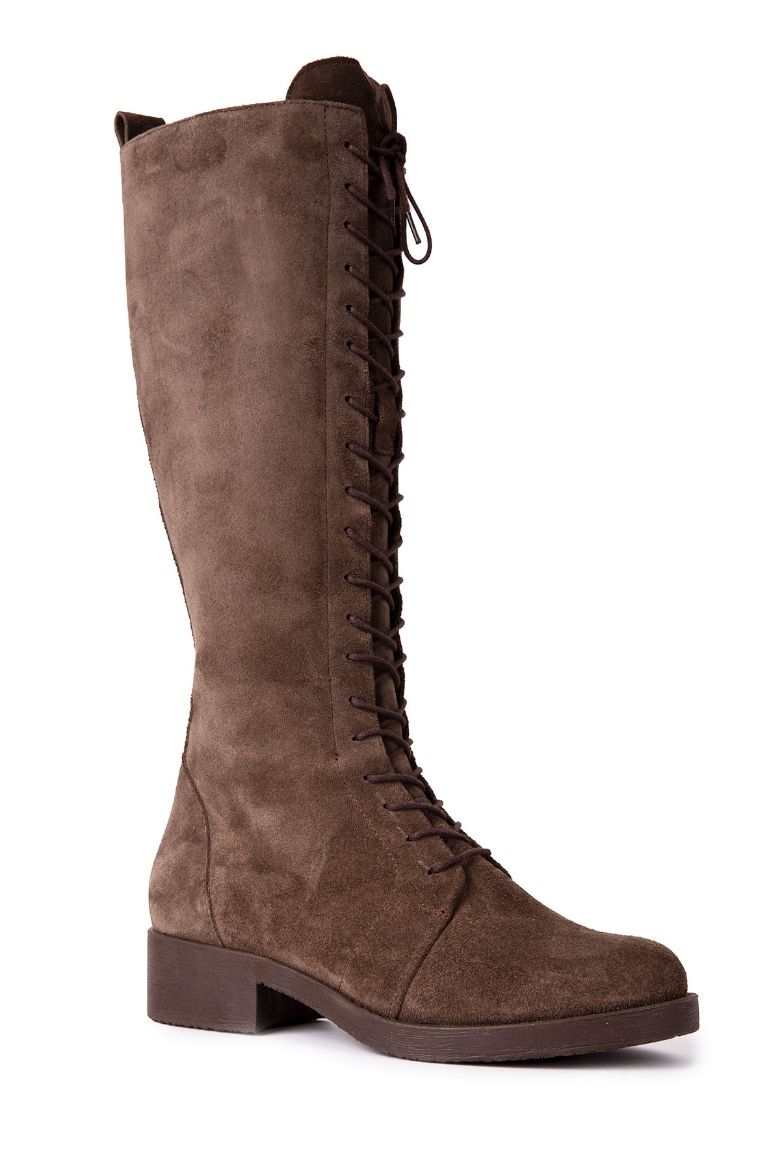 İçi Kürklü Bağcıklı Geniş Baldır Süet Kadın Çizme 41-42 Numara Taba resmi