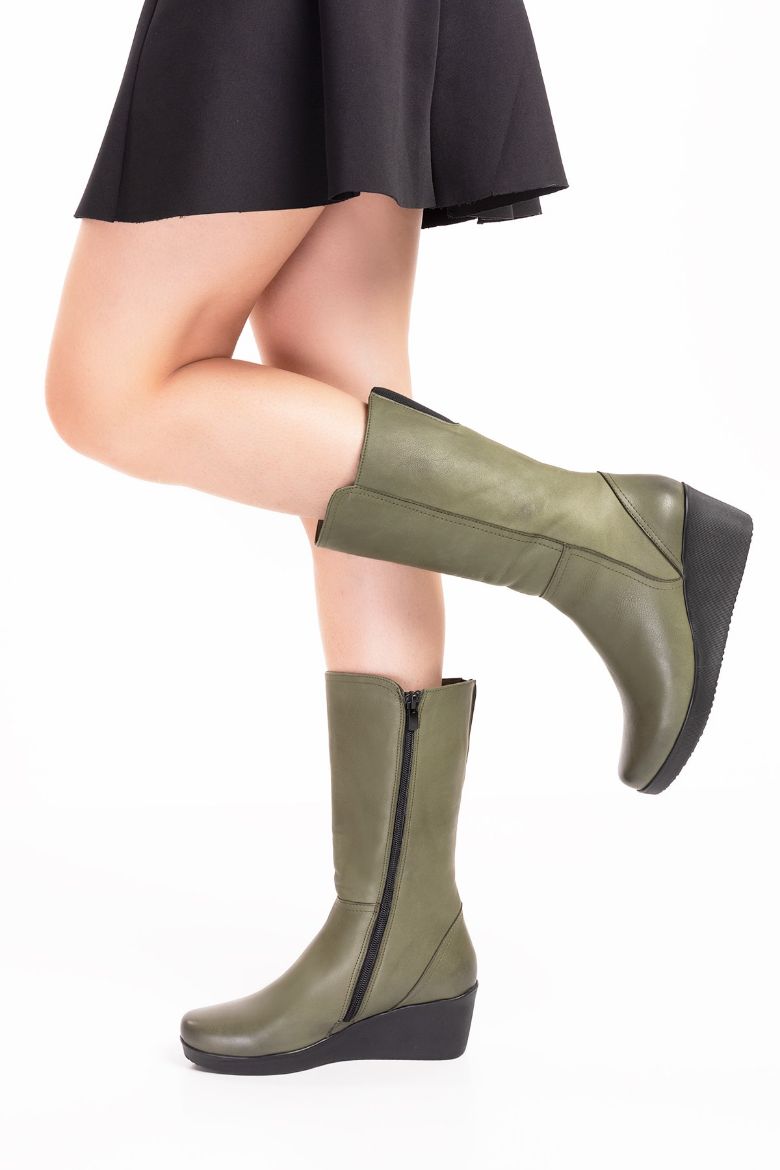 Hakiki Deri Geniş Baldır Kadın Uzun Bot 35-41-42-43-44 Numara Yeşil resmi