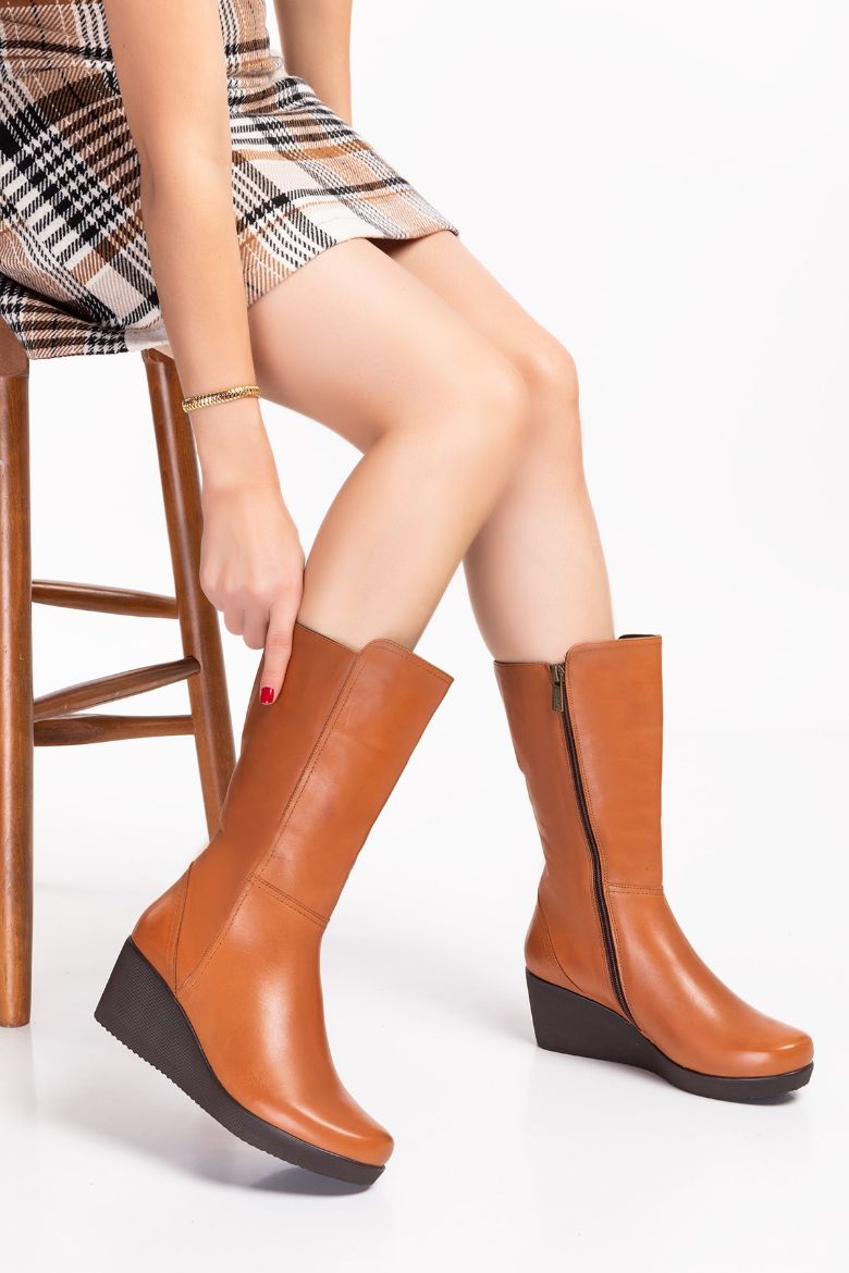 Hakiki Deri Geniş Baldır Kadın Uzun Bot 35-41-42-43-44 Numara Taba resmi