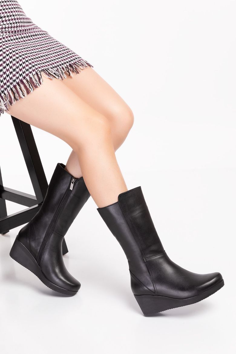 Hakiki Deri Geniş Baldır Kadın Uzun Bot 35-41-42-43-44 Numara Siyah resmi