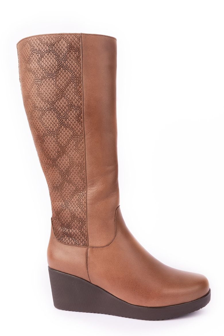 Hakiki Deri Baldırı Geniş Dolgu Topuk Kadın Uzun Çizme Kahverengi resmi
