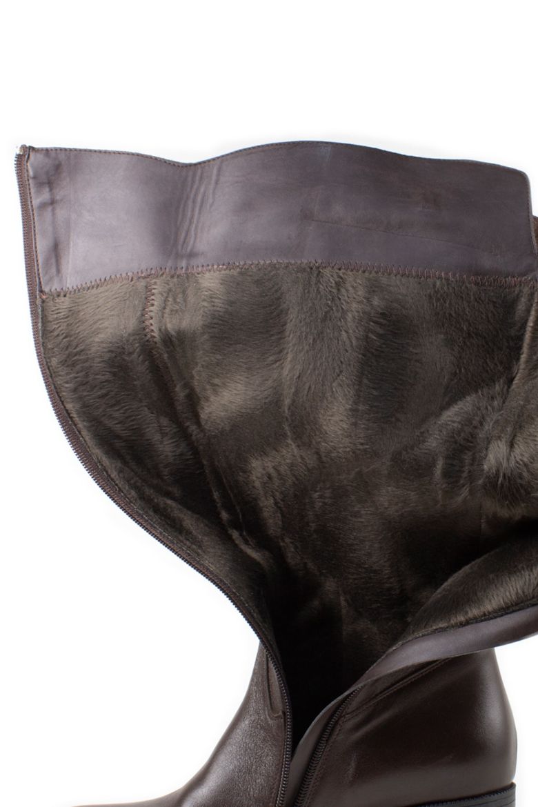 Hakiki Deri Baldırı Geniş Dolgu Topuk Kadın Uzun Çizme Kahverengi resmi