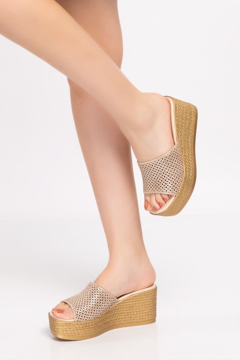 Hakiki Deri Altın Simli Kadın Terlik Altın resmi