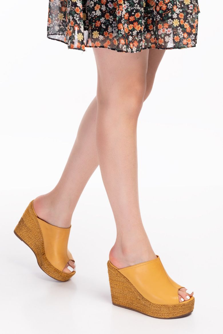 Hakiki Deri Espadril Kadın Sandalet 34-35-41-42-43-44 Numara Sarı resmi