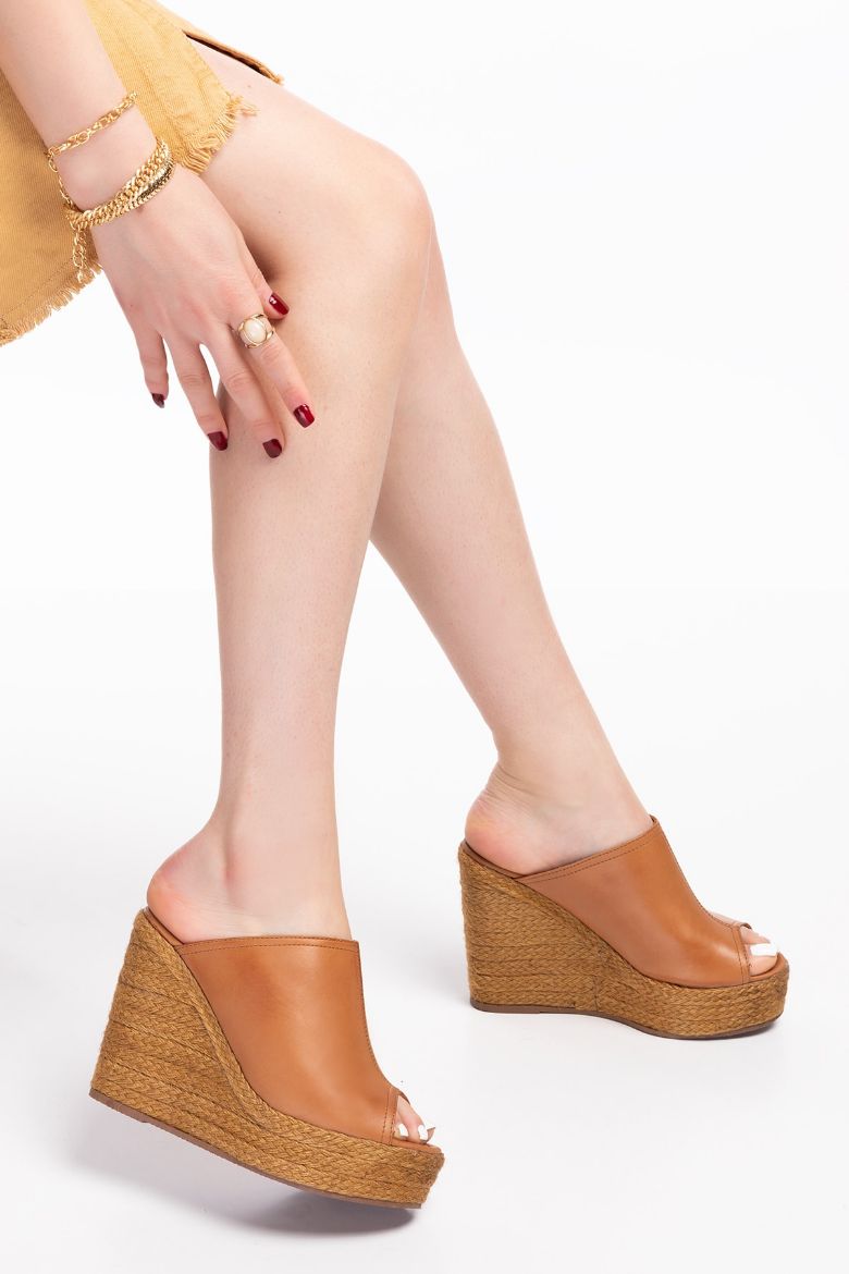 Hakiki Deri Espadril Kadın Sandalet 34-35-41-42-43-44 Numara Kahverengi resmi