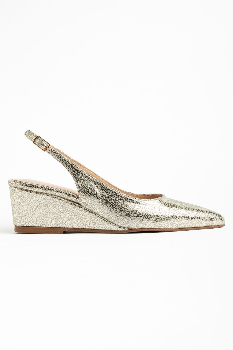 Hakiki Deri 35-36-37-38-39-40-41-42-43 Numara Kadın Dolgu Topuk Stiletto Ayakkabı Altın Cam Kırığı resmi