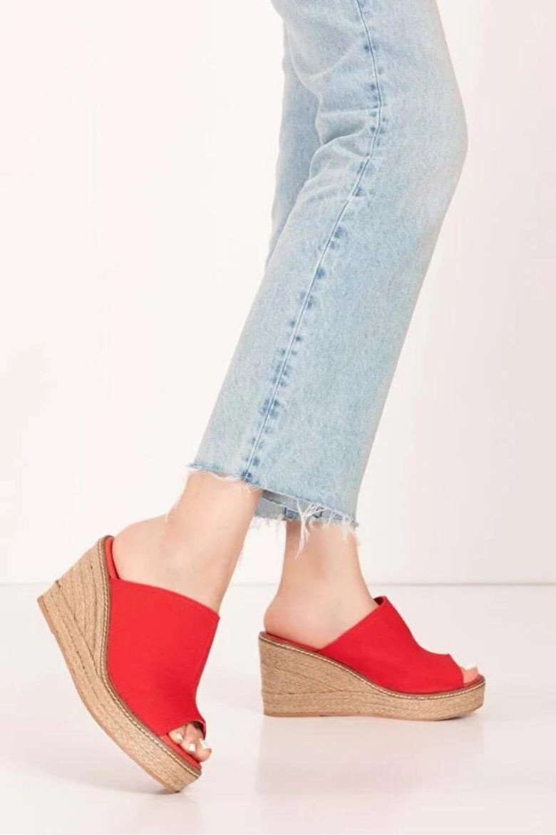 %100 Keten 33-34-35-36-37-38-39-40-41-42-43-44-45 Numara Dolgu Topuk Terlik Kırmızı resmi