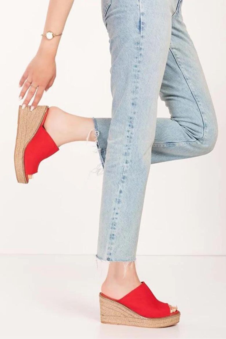 %100 Keten 33-34-35-36-37-38-39-40-41-42-43-44-45 Numara Dolgu Topuk Terlik Kırmızı resmi