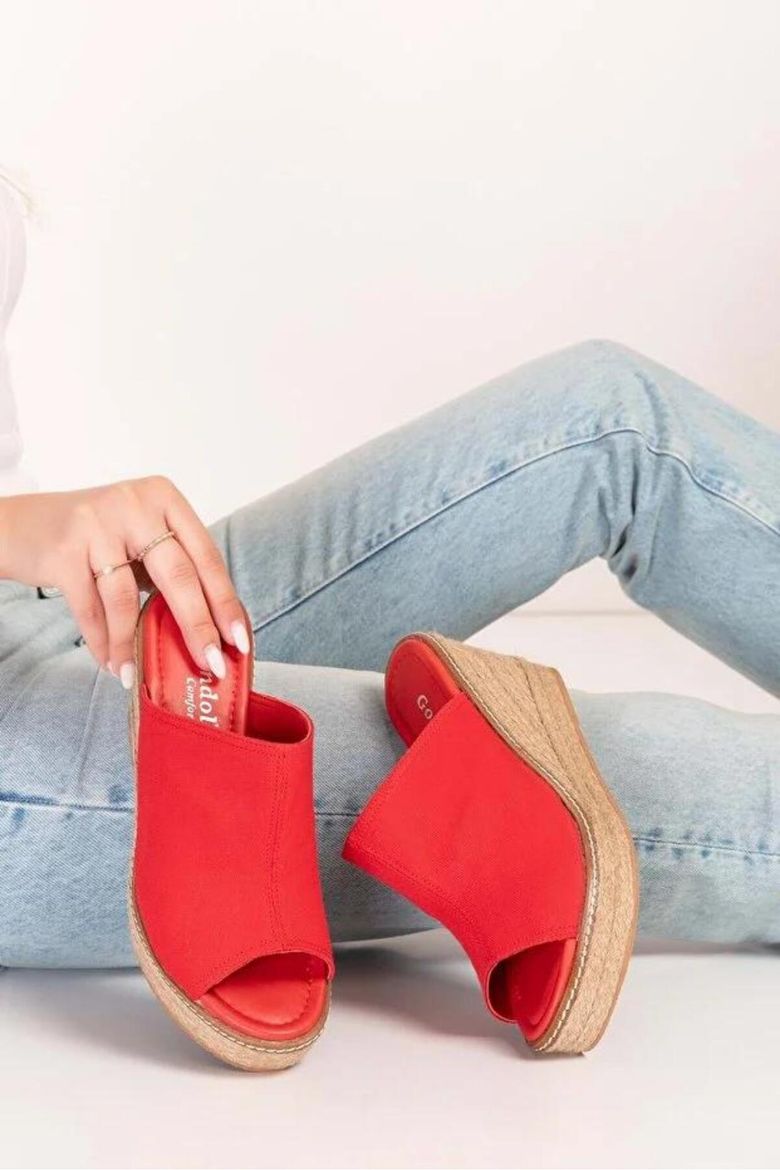 %100 Keten 33-34-35-36-37-38-39-40-41-42-43-44-45 Numara Dolgu Topuk Terlik Kırmızı resmi