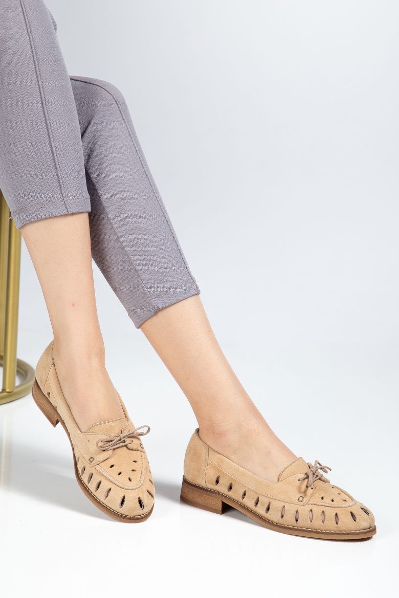 Hakiki Deri 33-34-35-36-37-38-39-40-41-42-43-44-45 Numara Lazer Kesim Delikli Kadın Ayakkabı Süet Cappuccino resmi