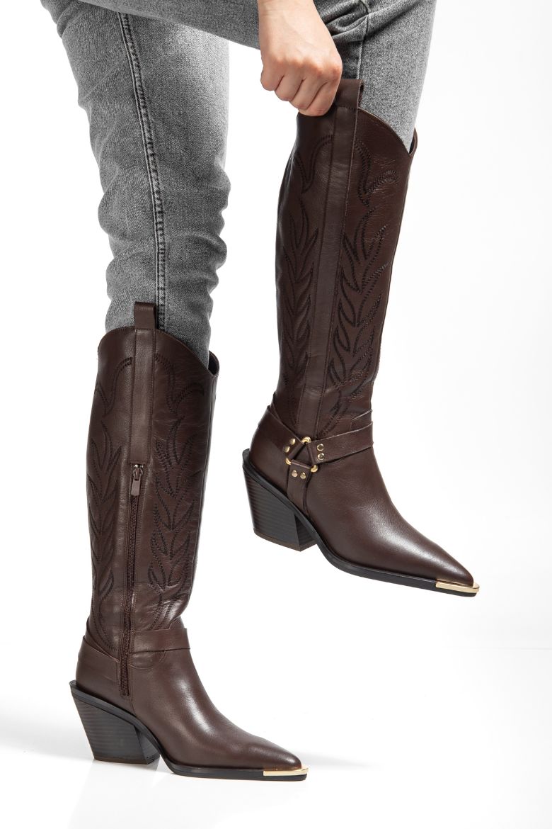 Hakiki Deri 36 Numaradan 41 Numaraya Kadar Kadın Kovboy/Western Fermuarlı Çizme Kahverengi resmi