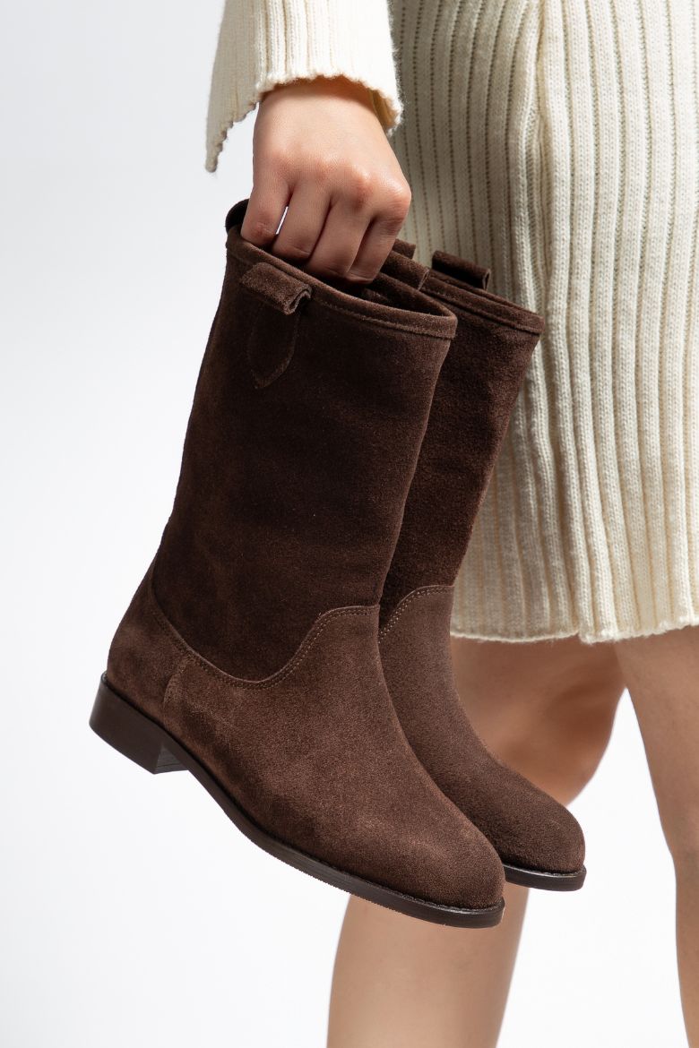 Hakiki Süet Deri 36 Numaradan 41 Numaraya Kadar Kadın Çekme Uzun Bot Kahverengi resmi