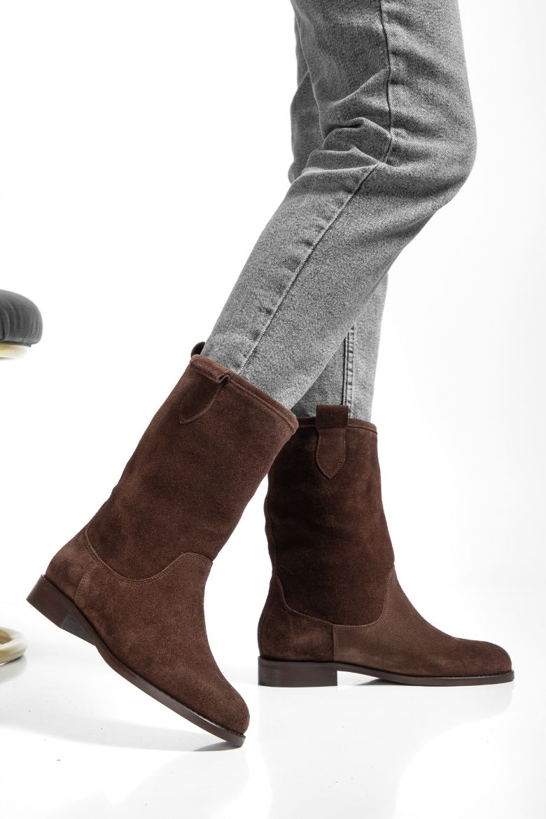 Hakiki Süet Deri 36 Numaradan 41 Numaraya Kadar Kadın Çekme Uzun Bot Kahverengi resmi