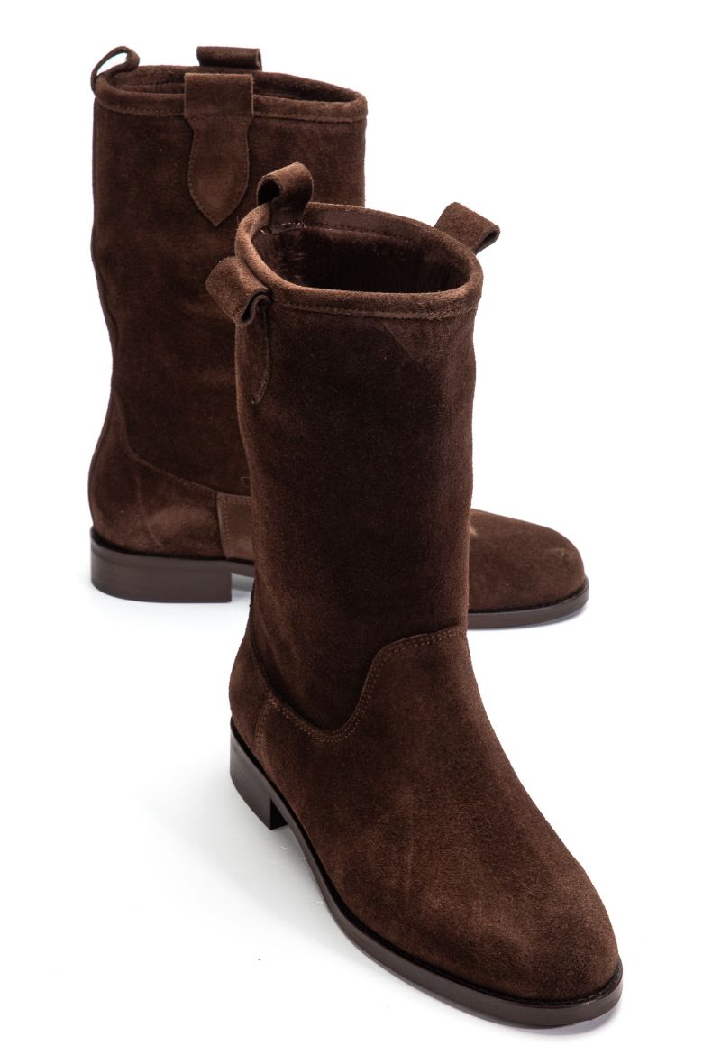 Hakiki Süet Deri 36 Numaradan 41 Numaraya Kadar Kadın Çekme Uzun Bot Kahverengi resmi