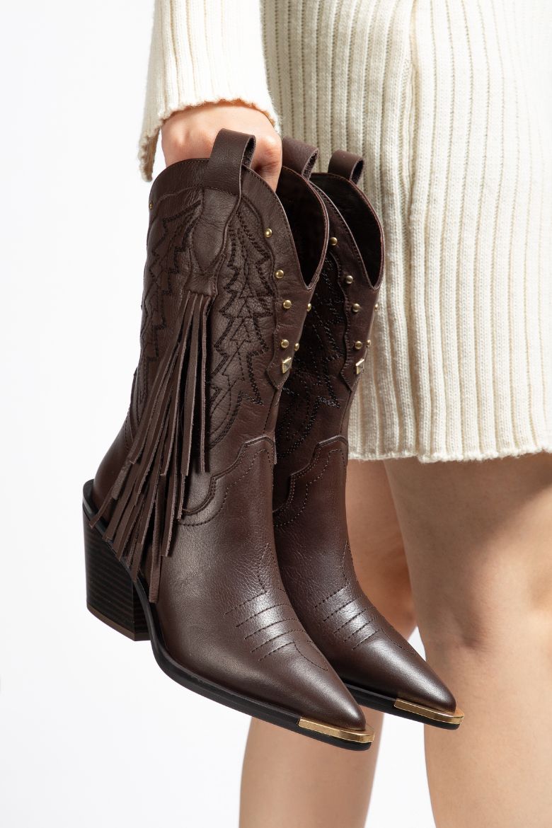 Hakiki Deri 36 Numaradan 41 Numaraya Kadar Kadın Kovboy/Western Uzun Bot Kahverengi resmi