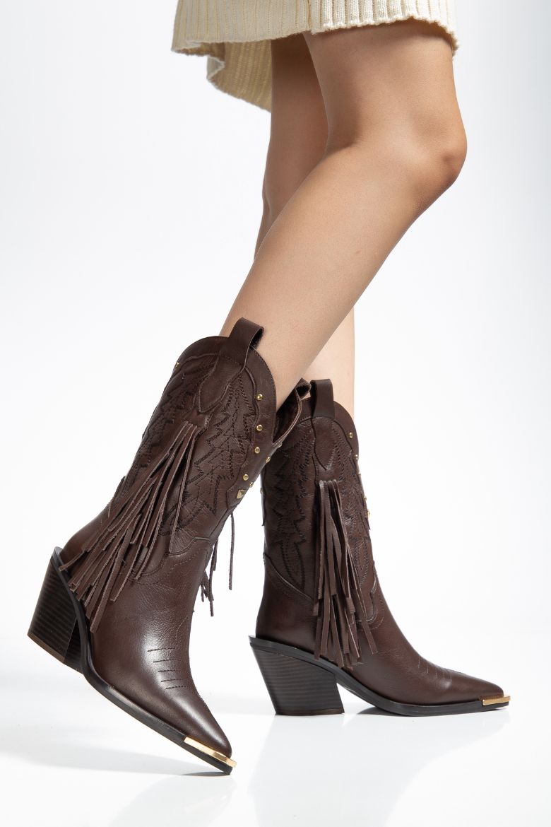 Hakiki Deri 36 Numaradan 41 Numaraya Kadar Kadın Kovboy/Western Uzun Bot Kahverengi resmi