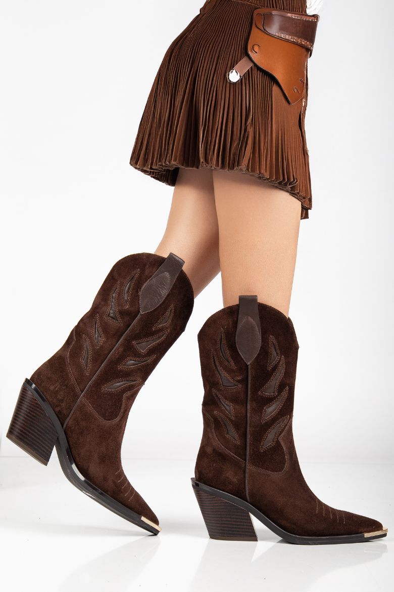 Hakiki Süet Deri 36 Numaradan 41 Numaraya Kadar Kadın Kovboy/Western Uzun Bot Kahverengi resmi