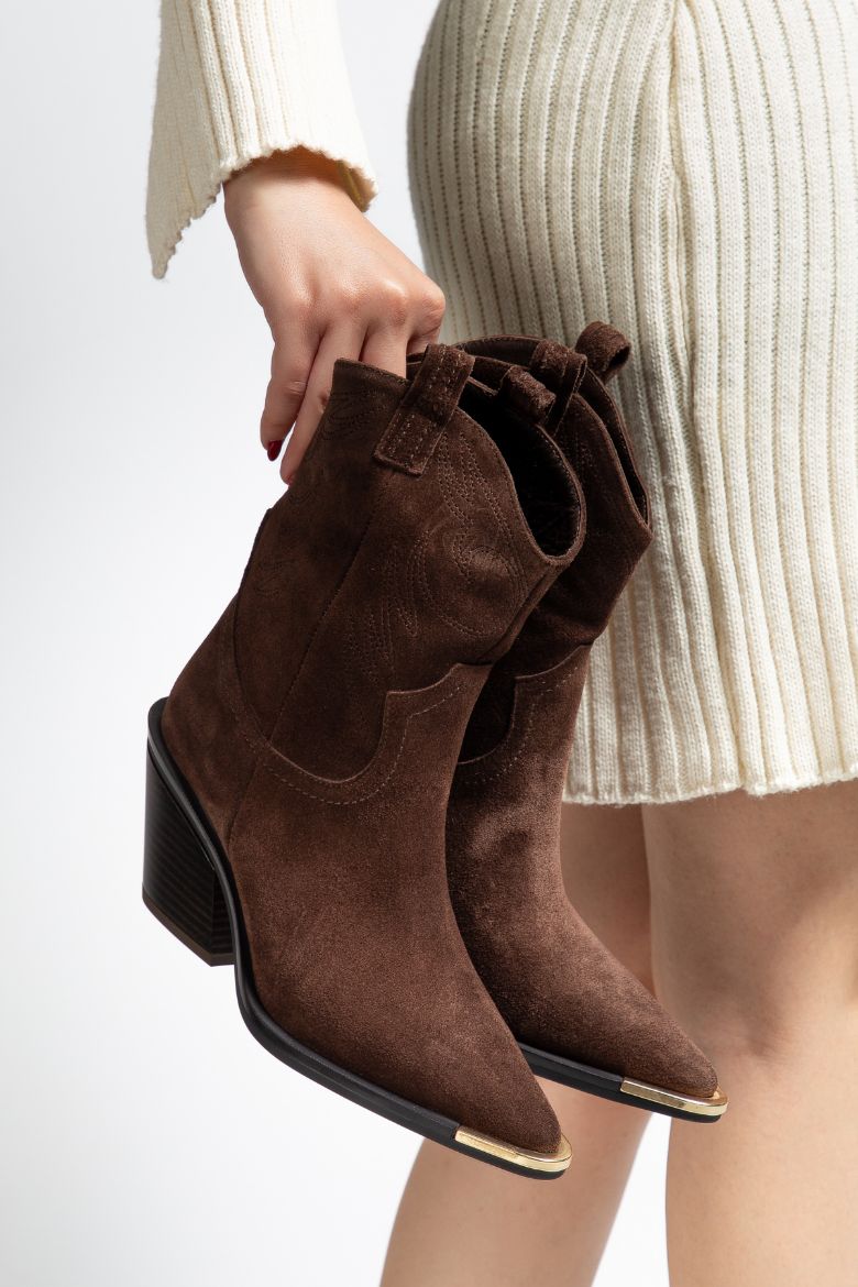 Hakiki Süet Deri 36 Numaradan 41 Numaraya Kadar Kadın Kovboy/Western Uzun Bot Kahverengi resmi