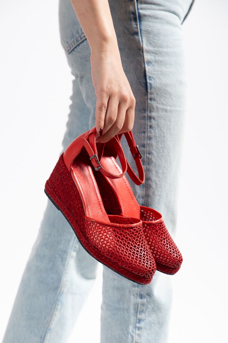 Hakiki Deri Espadril 33-34- 42-43-44-45 Numara Kadın Sandalet Kırmızı resmi