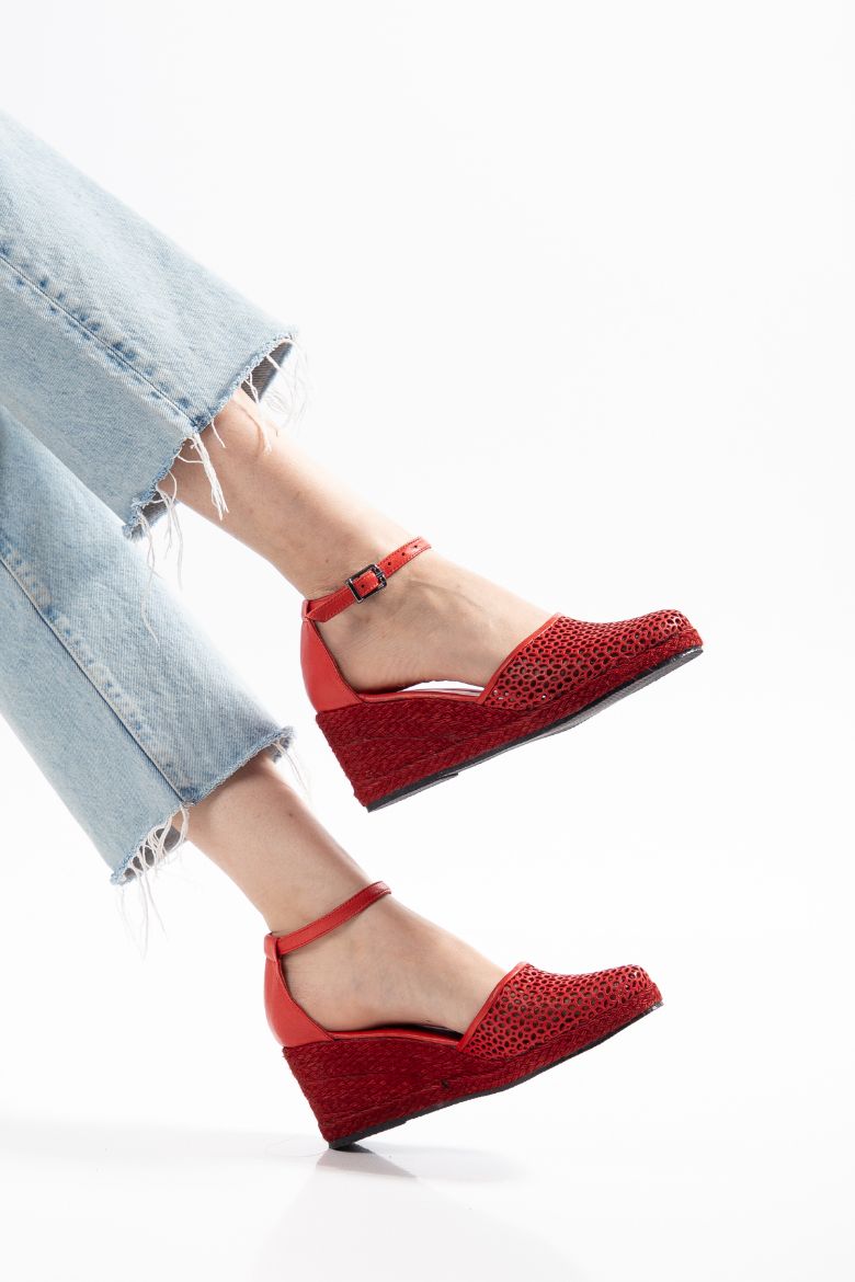 Hakiki Deri Espadril 33-34- 42-43-44-45 Numara Kadın Sandalet Kırmızı resmi